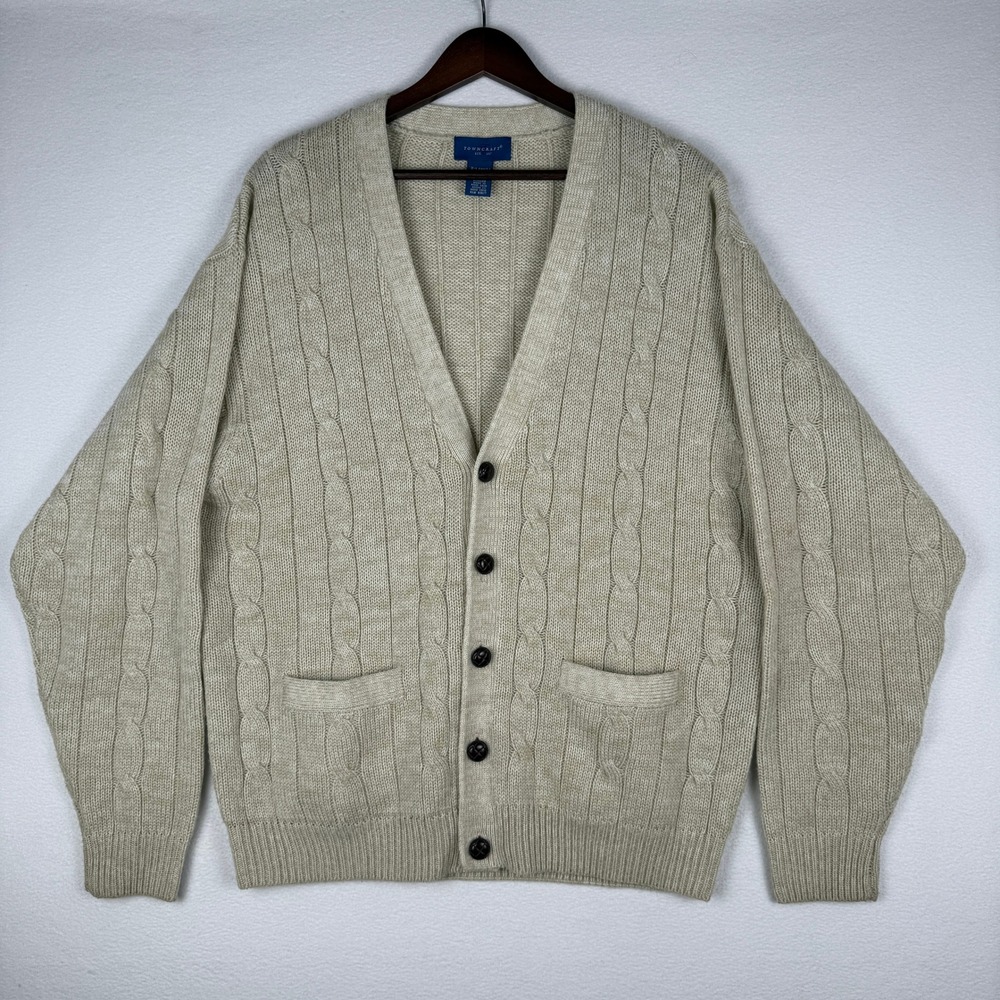 Vintage Towncraft Mens XL Beige Cable Knit Cardigan Grandpa Preppy Sweater